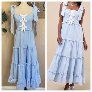 NWOT Sister Jane Kansas Blue Striped Tiered Smocked Tie-Strap Bow Midi Dress